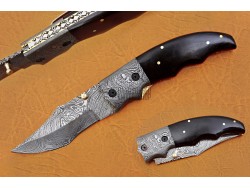 Damascus Folding Knife, 6.5" Damascus Steel Bolster Point Blade, Buffalo Horn Handle, Pocket Knife, Razor Sharp