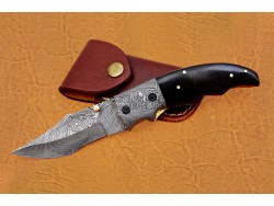 Damascus Folding Knife, 6.5" Damascus Steel Bolster Point Blade, Buffalo Horn Handle, Pocket Knife, Razor Sharp