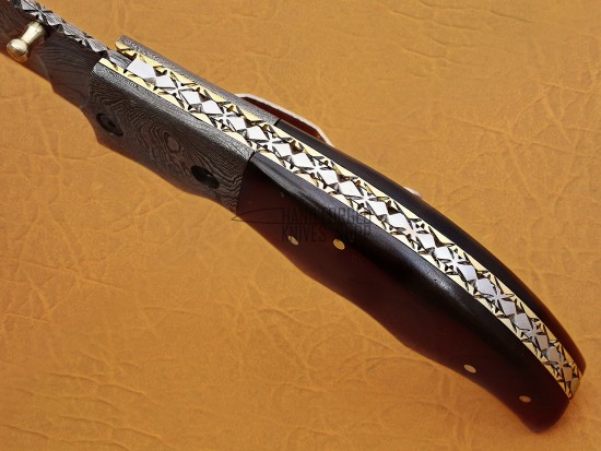 Damascus Folding Knife, 6.5" Damascus Steel Bolster Point Blade, Buffalo Horn Handle, Pocket Knife, Razor Sharp