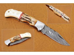 Damascus Back Lock Folding Knife, 6.5" Steel Bolster Point Blade, Deer Antler, Camel Bone Handle, Pocket Knife, Razor Sharp