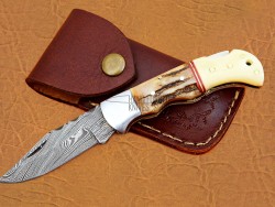Damascus Back Lock Folding Knife, 6.5" Steel Bolster Point Blade, Deer Antler, Camel Bone Handle, Pocket Knife, Razor Sharp
