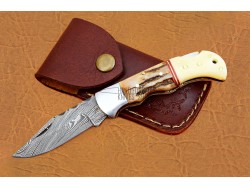 Damascus Back Lock Folding Knife, 6.5" Steel Bolster Point Blade, Deer Antler, Camel Bone Handle, Pocket Knife, Razor Sharp