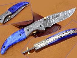 Damascus Folding Knife, 7.5" Damascus Steel Bolster Point Blade, Blue Color Bone Handle, Pocket Knife, Razor Sharp