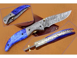 Damascus Folding Knife, 7.5" Damascus Steel Bolster Point Blade, Blue Color Bone Handle, Pocket Knife, Razor Sharp