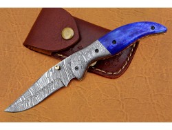 Damascus Folding Knife, 7.5" Damascus Steel Bolster Point Blade, Blue Color Bone Handle, Pocket Knife, Razor Sharp
