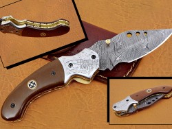 Damascus Folding Knife, 7.5" Handwork Steel Bolster Point Blade, Brown Micarta Sheet Handle, Pocket Knife, Razor Sharp