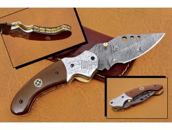 Damascus Folding Knife, 7.5" Handwork Steel Bolster Point Blade, Brown Micarta Sheet Handle, Pocket Knife, Razor Sharp