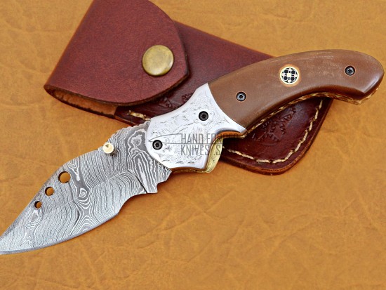 Damascus Folding Knife, 7.5" Handwork Steel Bolster Point Blade, Brown Micarta Sheet Handle, Pocket Knife, Razor Sharp