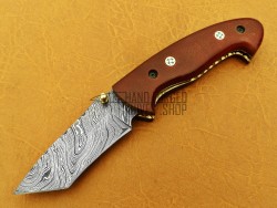 Damascus Tanto Blade Folding  Knife, 7.5" Mosaic Pin, Walnut Wood Handle