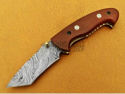 Damascus Tanto Blade Folding  Knife, 7.5" Mosaic Pin, Walnut Wood Handle