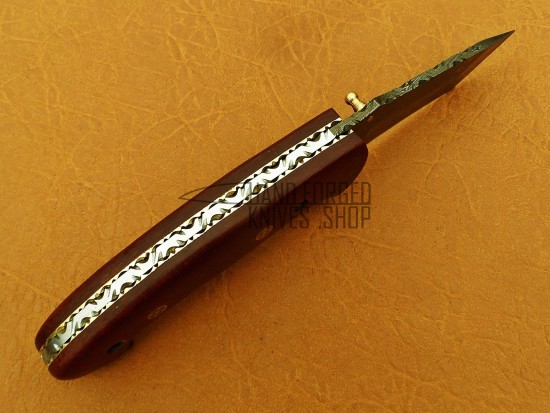 Damascus Tanto Blade Folding  Knife, 7.5" Mosaic Pin, Walnut Wood Handle