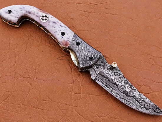 Damascus Folding Knife, 7.0" Damascus Steel Bolster Point Blade, Buffalo Horn, Gray Bone Handle, Pocket Knife, Razor Sharp