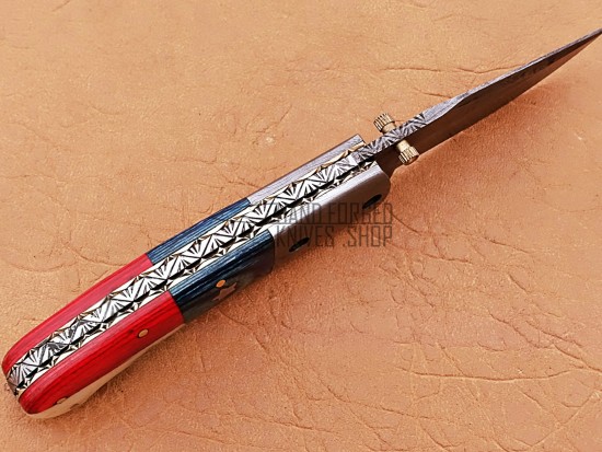 Damascus  Folding Knife, 7.5"  Steel Bolster Point Blade, American Handle, Pocket Knife, Razor Sharp