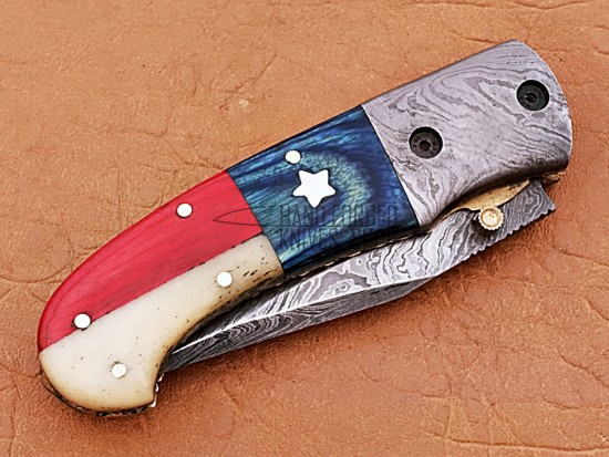 Damascus  Folding Knife, 7.5"  Steel Bolster Point Blade, American Handle, Pocket Knife, Razor Sharp