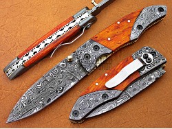 Damascus Folding Pocket Clip Knife, 7.5" Damascus Steel Bolster Point Blade, Orange Micarta Sheet Handle, Pocket Knife, Razor Sharp