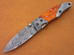 Damascus Folding Pocket Clip Knife, 7.5" Damascus Steel Bolster Point Blade, Orange Micarta Sheet Handle, Pocket Knife, Razor Sharp