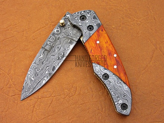 Damascus Folding Pocket Clip Knife, 7.5" Damascus Steel Bolster Point Blade, Orange Micarta Sheet Handle, Pocket Knife, Razor Sharp