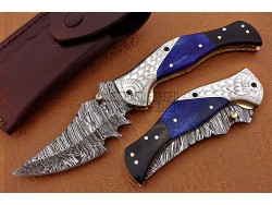 Damascus Folding Knife, 7.5" Handwork Steel Bolster Point Blade, Blue Bone, Buffalo Horn Handle, Pocket Knife, Razor Sharp