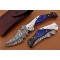 Damascus Folding Knife, 7.5" Handwork Steel Bolster Point Blade, Blue Bone, Buffalo Horn Handle, Pocket Knife, Razor Sharp