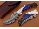 Damascus Folding Knife, 7.5" Handwork Steel Bolster Point Blade, Blue Bone, Buffalo Horn Handle, Pocket Knife, Razor Sharp