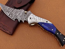 Damascus Folding Knife, 7.5" Handwork Steel Bolster Point Blade, Blue Bone, Buffalo Horn Handle, Pocket Knife, Razor Sharp