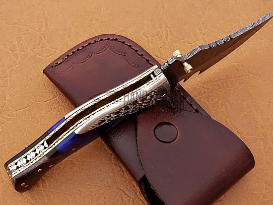 Damascus Folding Knife, 7.5" Handwork Steel Bolster Point Blade, Blue Bone, Buffalo Horn Handle, Pocket Knife, Razor Sharp