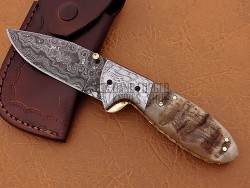 Damascus Folding Knife, 6.5" Handwork Steel Bolster Point Blade, Goat Horn Handle, Pocket Knife, Razor Sharp
