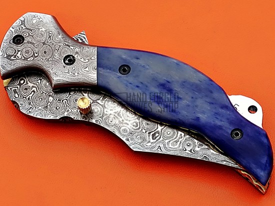 Damascus Folding Knife, 7.0" Damascus Steel Bolster Point Blade, Blue Color Bone Handle, Pocket Knife, Razor Sharp
