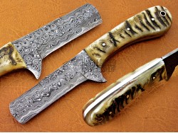 Damascus Steel Ram Horn / Bull Cutter  Hunting Knife, 8" Ram Horn Handle, Fixed Blade