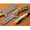 Damascus Steel Ram Horn / Bull Cutter  Hunting Knife, 8" Ram Horn Handle, Fixed Blade