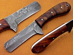 Damascus Steel Ram Horn / Bull Cutter Hunting Knife, 8" Walnut Wood Handle, Fixed Blade