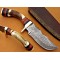 Damascus Deer Antler Hunting Knife, Brass Clip, 9" Deer Antler Handle, Fixed Blade