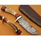 Damascus Deer Antler Gut Hook Hunting Knife, Brass Clip, 9" Deer Antler Handle, Fixed Blade