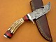 Damascus Deer Antler Gut Hook Hunting Knife, Brass Clip, 9" Deer Antler Handle, Fixed Blade
