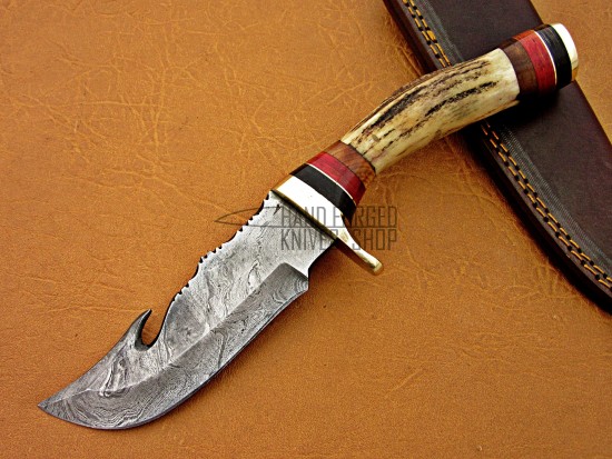 Damascus Deer Antler Gut Hook Hunting Knife, Brass Clip, 9" Deer Antler Handle, Fixed Blade