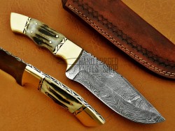 Damascus Deer Antler Hunting Knife, Brass Bolster, 9" Deer Antler Handle, Fixed Blade, Full Tang