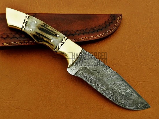 Damascus Deer Antler Hunting Knife, Brass Bolster, 9" Deer Antler Handle, Fixed Blade, Full Tang