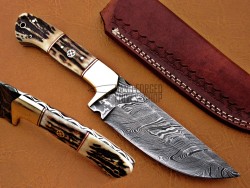 Damascus Deer Antler Hunting Knife, 9" Deer Antler Handle, Fixed Blade
