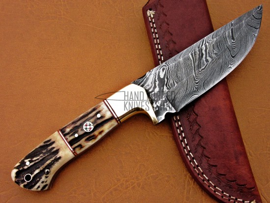 Damascus Deer Antler Hunting Knife, 9" Deer Antler Handle, Fixed Blade