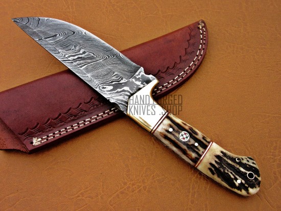 Damascus Deer Antler Hunting Knife, 9" Deer Antler Handle, Fixed Blade