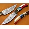 Damascus Deer Antler Hunting Knife, 9" Deer Antler, Camel Bone, Red & Blue Fiber Handle, Fixed Blade, American Handle