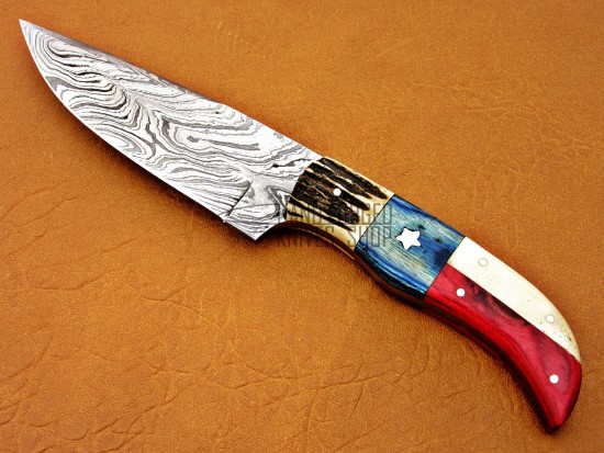 Damascus Deer Antler Hunting Knife, 9" Deer Antler, Camel Bone, Red & Blue Fiber Handle, Fixed Blade, American Handle