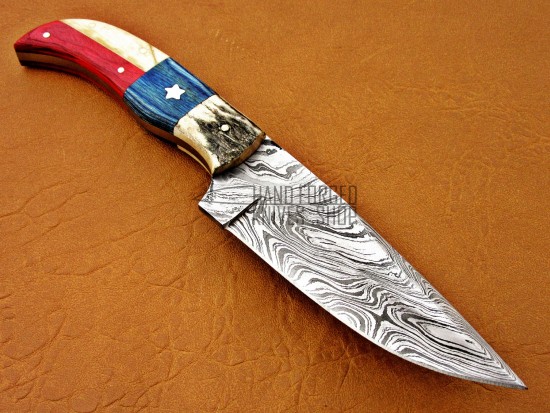 Damascus Deer Antler Hunting Knife, 9" Deer Antler, Camel Bone, Red & Blue Fiber Handle, Fixed Blade, American Handle