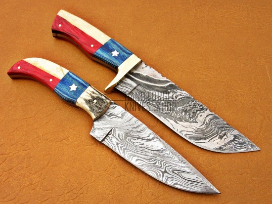 2 KNIVES - Damascus Deer Antler Hunting Knife, 9" Brass Clip, Deer Antler, Camel Bone, Red & Blue Fiber Handle, Fixed Blade