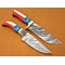 2 KNIVES - Damascus Deer Antler Hunting Knife, 9" Brass Clip, Deer Antler, Camel Bone, Red & Blue Fiber Handle, Fixed Blade