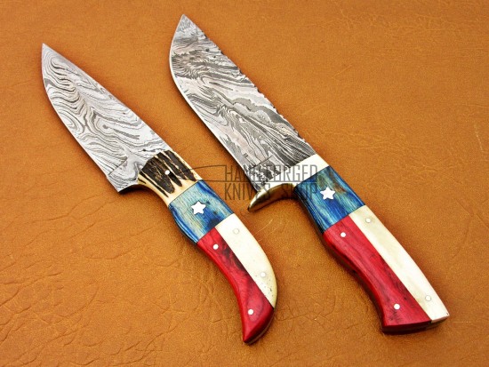 2 KNIVES - Damascus Deer Antler Hunting Knife, 9" Brass Clip, Deer Antler, Camel Bone, Red & Blue Fiber Handle, Fixed Blade