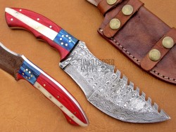 Damascus Tracker Knife / Hunting Knife, 11" Camel Bone, Red, Blue Micarta Sheet Handle, Fixed Blade
