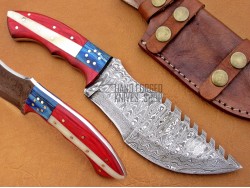 Damascus Tracker Knife / Hunting Knife, 11" Camel Bone, Red, Blue Micarta Sheet Handle, Fixed Blade