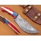 Damascus Tracker Knife / Hunting Knife, 11" Camel Bone, Red, Blue Micarta Sheet Handle, Fixed Blade
