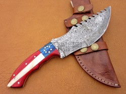 Damascus Tracker Knife / Hunting Knife, 11" Camel Bone, Red, Blue Micarta Sheet Handle, Fixed Blade